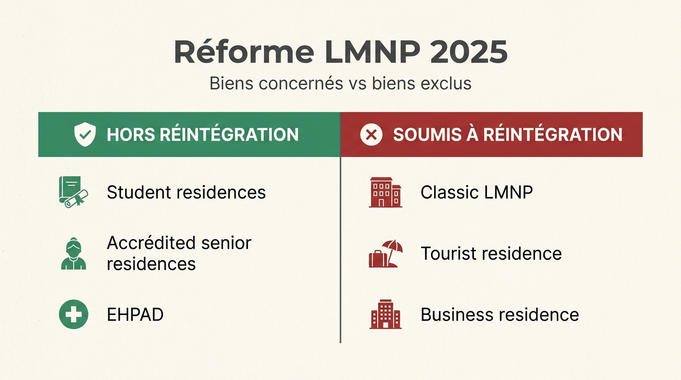 umis à réintégration » (LMNP classique, résidence de tourisme, résidence d'affaires). Très efficace en SEO image et en partage social. Alt à renseigner : Biens LMNP exclus ou soumis à la réintégration des amortissements 2025